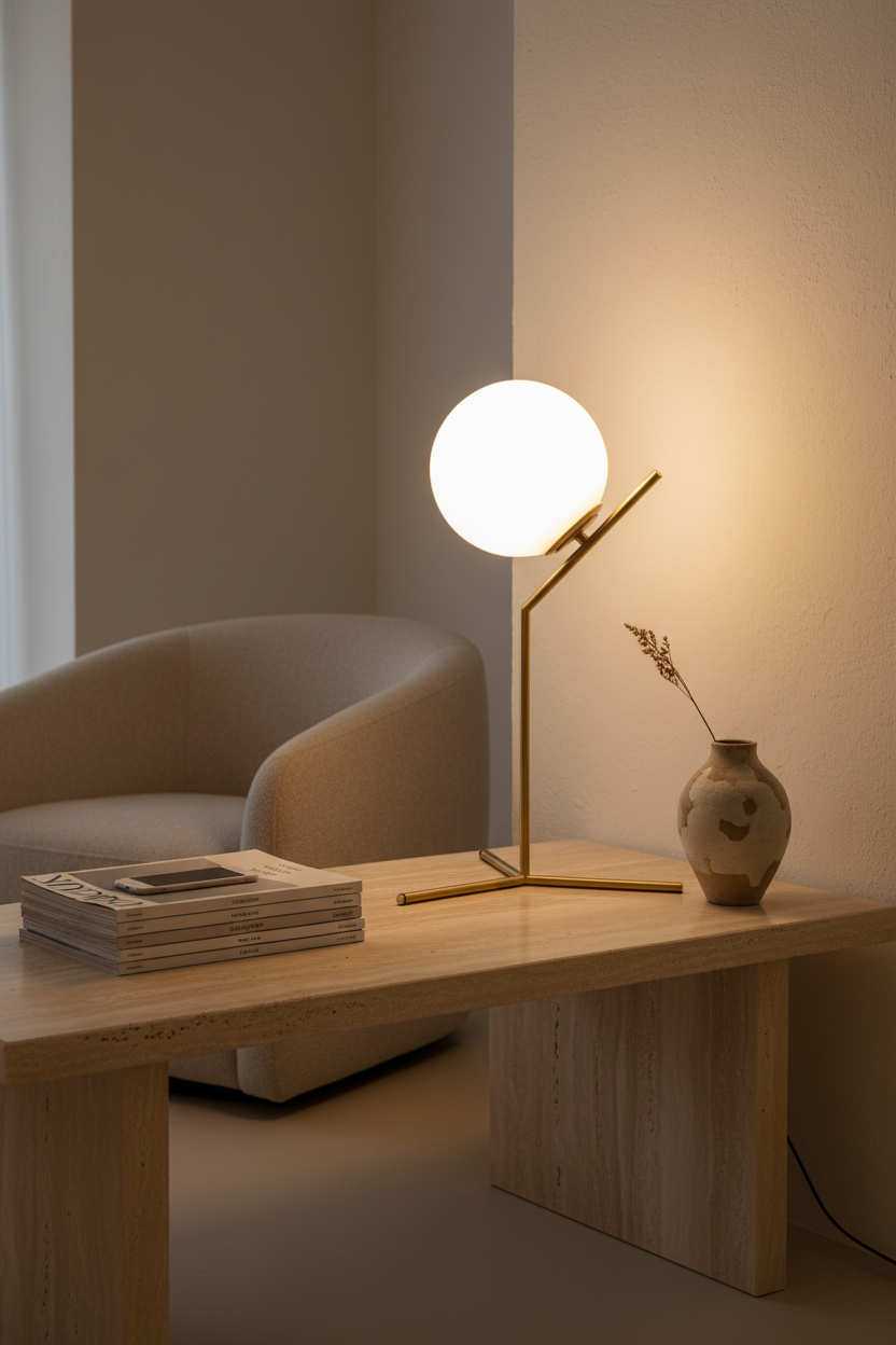 Sculptural brass tripod table lamp with spherical white glass shade glowing on a travertine console in a luxury living room