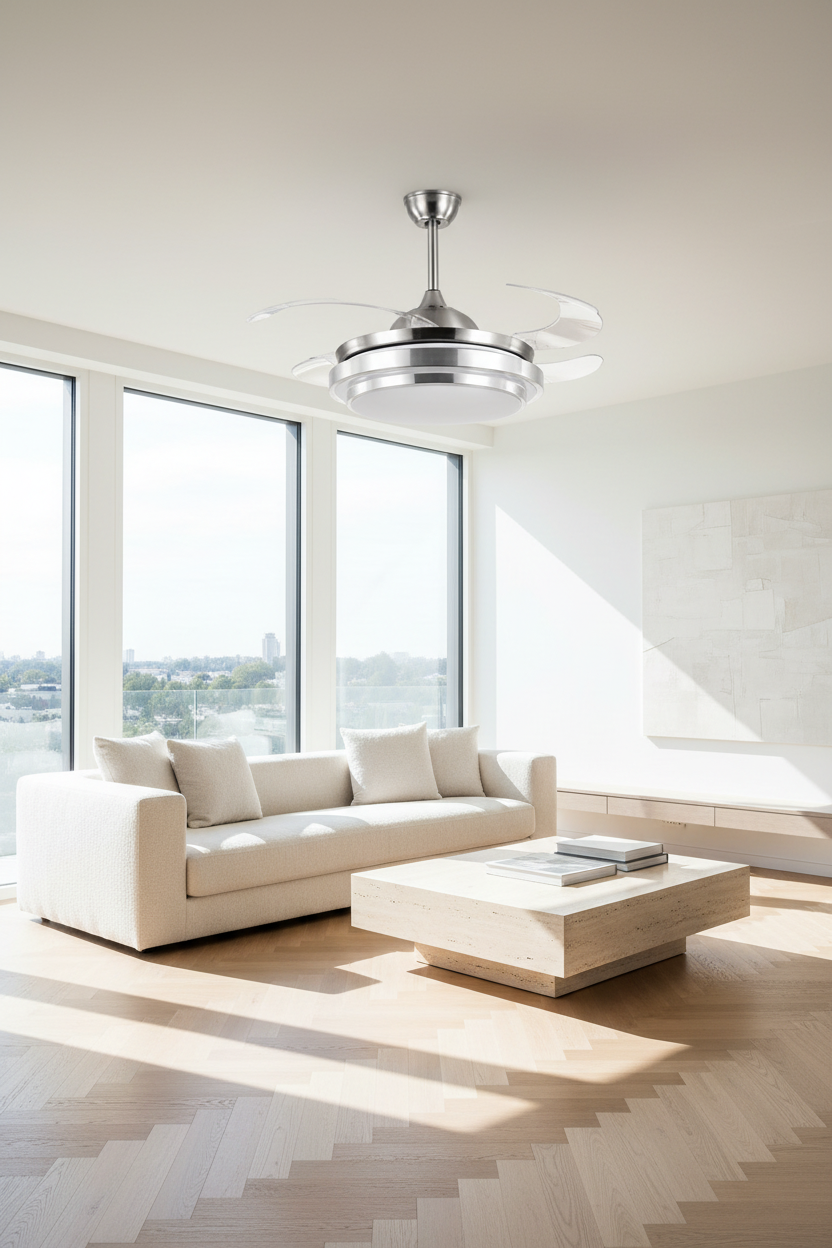 Modern Brushed Silver Ceiling Fan Light in Sunlit Living Room