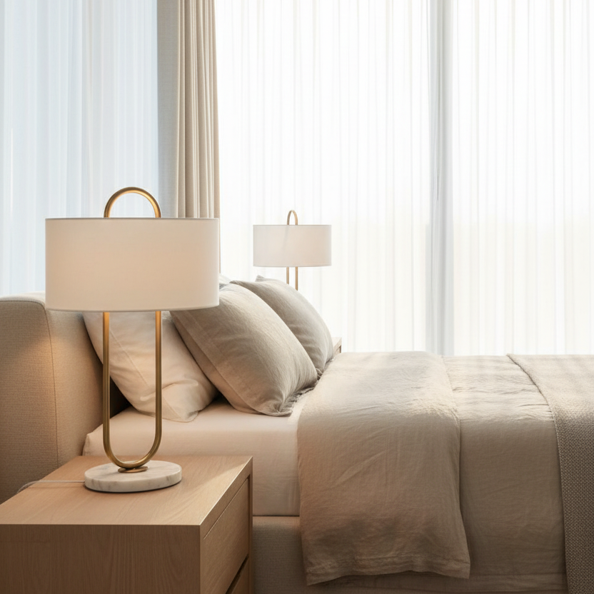 Modern Luxury Bedroom Bedside with Golden Marble U-Shape Table Lamp