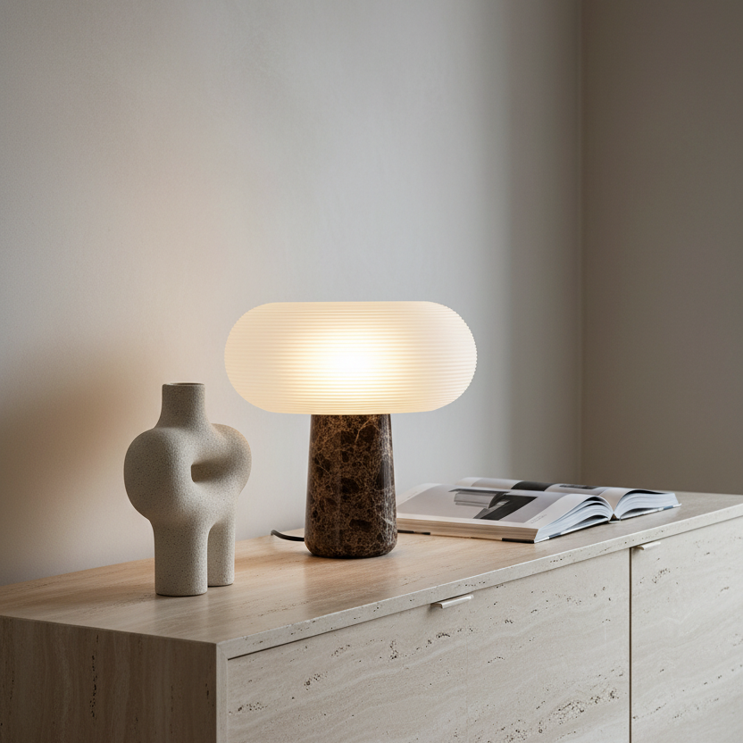 Natural brown marble table lamp with white glass shade glowing on a travertine console in a luxury living room