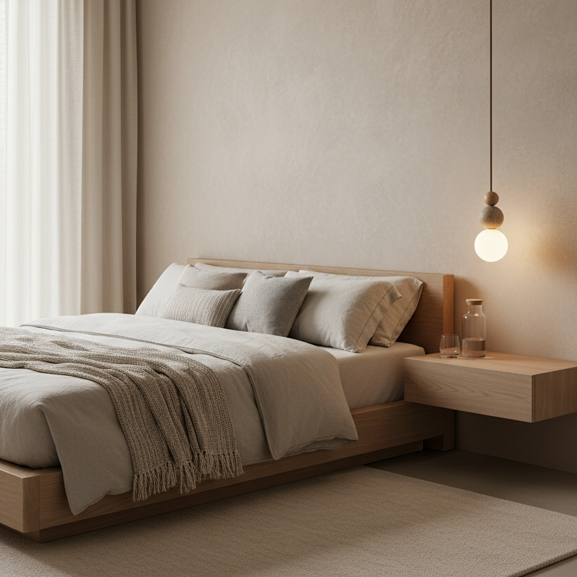 Artisan stone hanging pendant light illuminated beside a low platform bed in a serene wabi-sabi bedroom