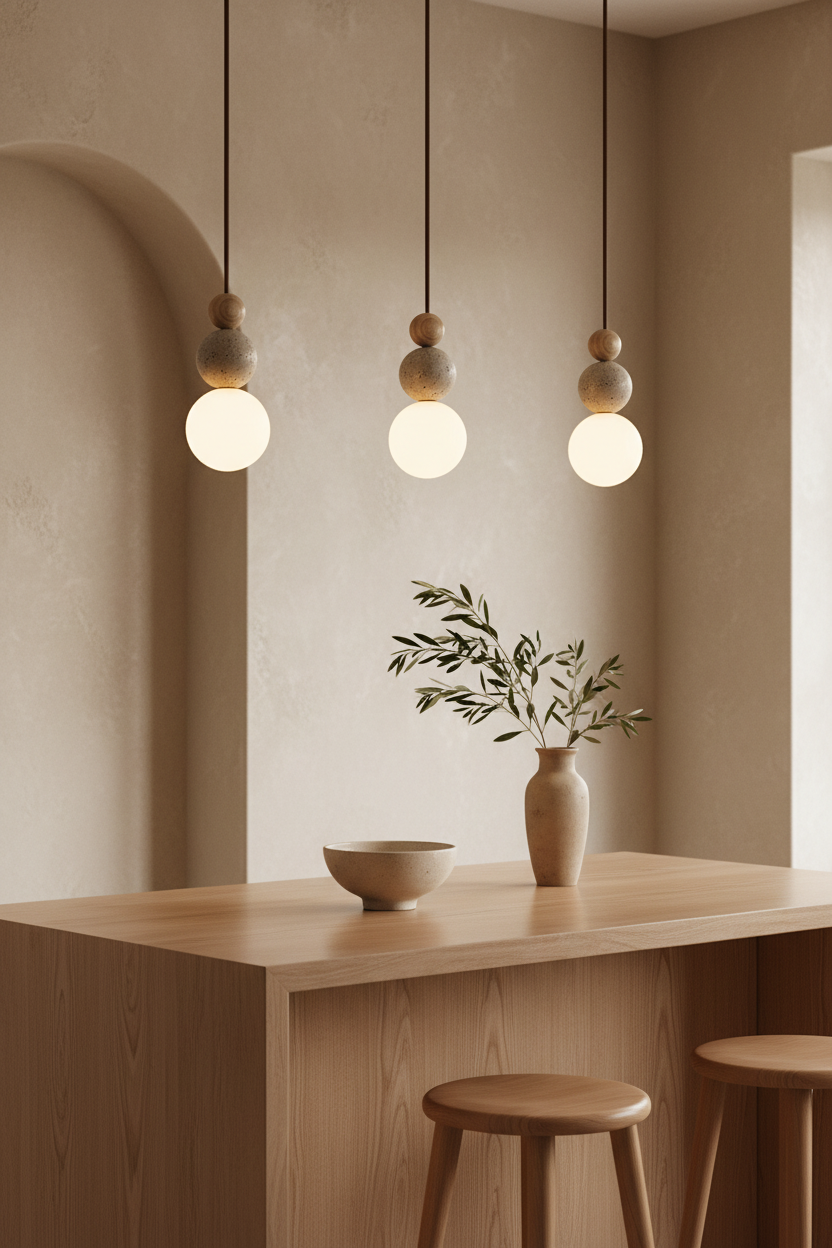 Natural stone LED pendant light with solid wood accent hanging over a modern kitchen island bar counter