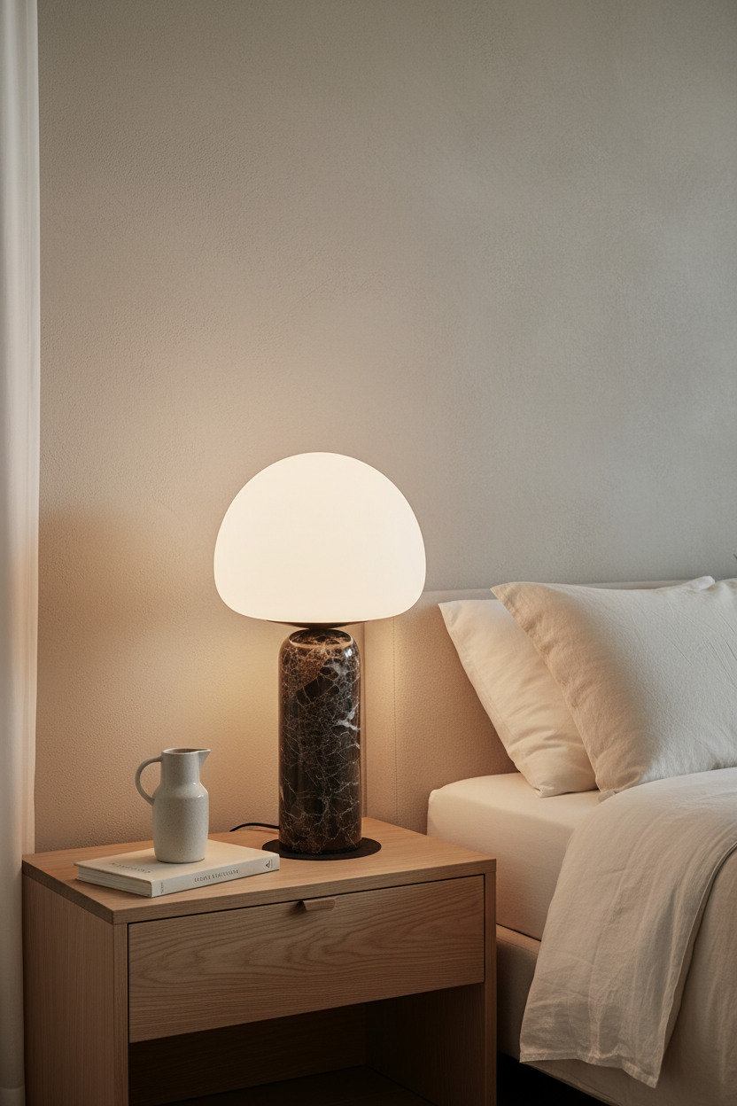 Nordic natural marble bedside table lamp with matte white glass globe shade glowing on an oak nightstand
