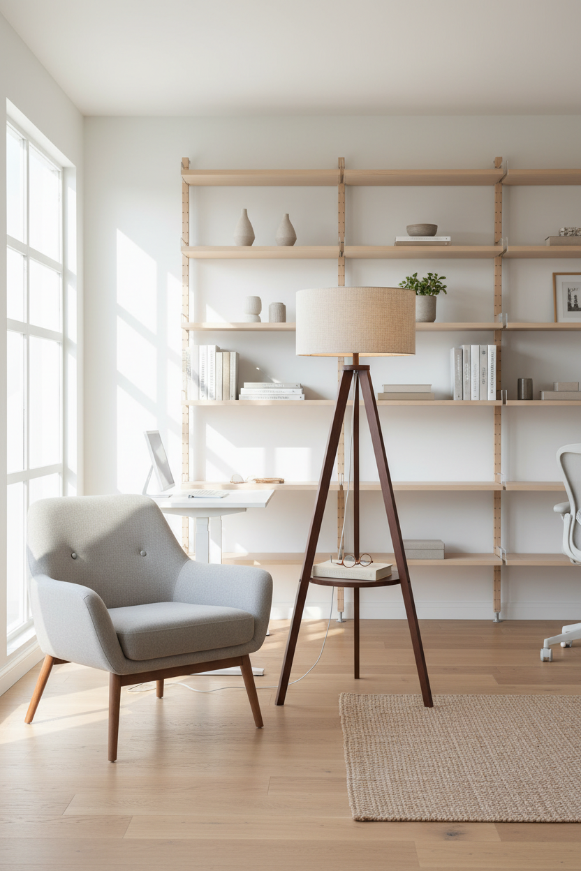 Scandinavian Tripod Shelf Floor Lamp in Bright Study Nook