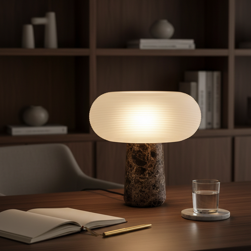Sculptural brown marble desk lamp with frosted white glass shade on a dark walnut executive home office desk