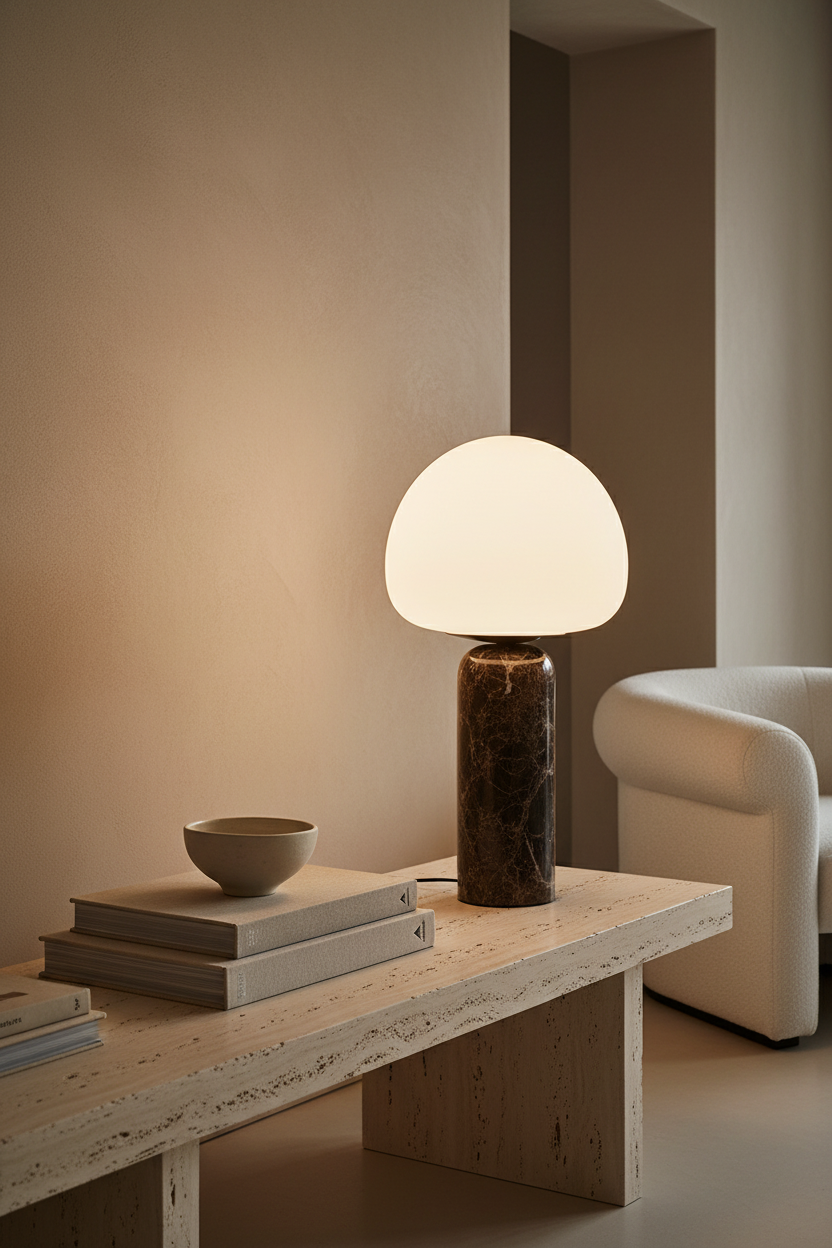 Sculptural marble table lamp with spherical white glass ball illuminated on a travertine console in a luxury living room