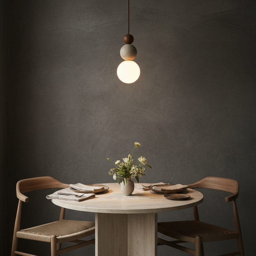 Sculptural travertine stone pendant lamp glowing over a round dining table in an intimate dining nook