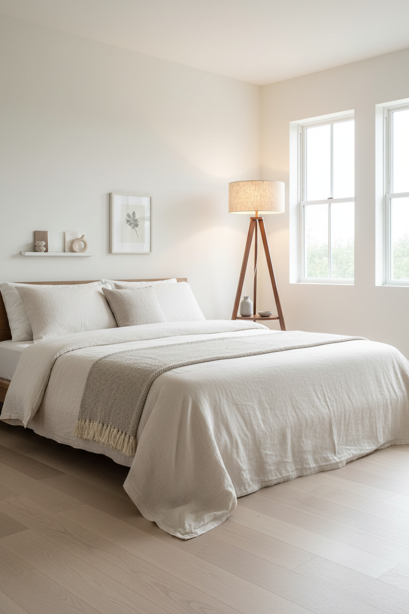 Solid Wood Floor Lamp with Built-in Table in Master Bedroom