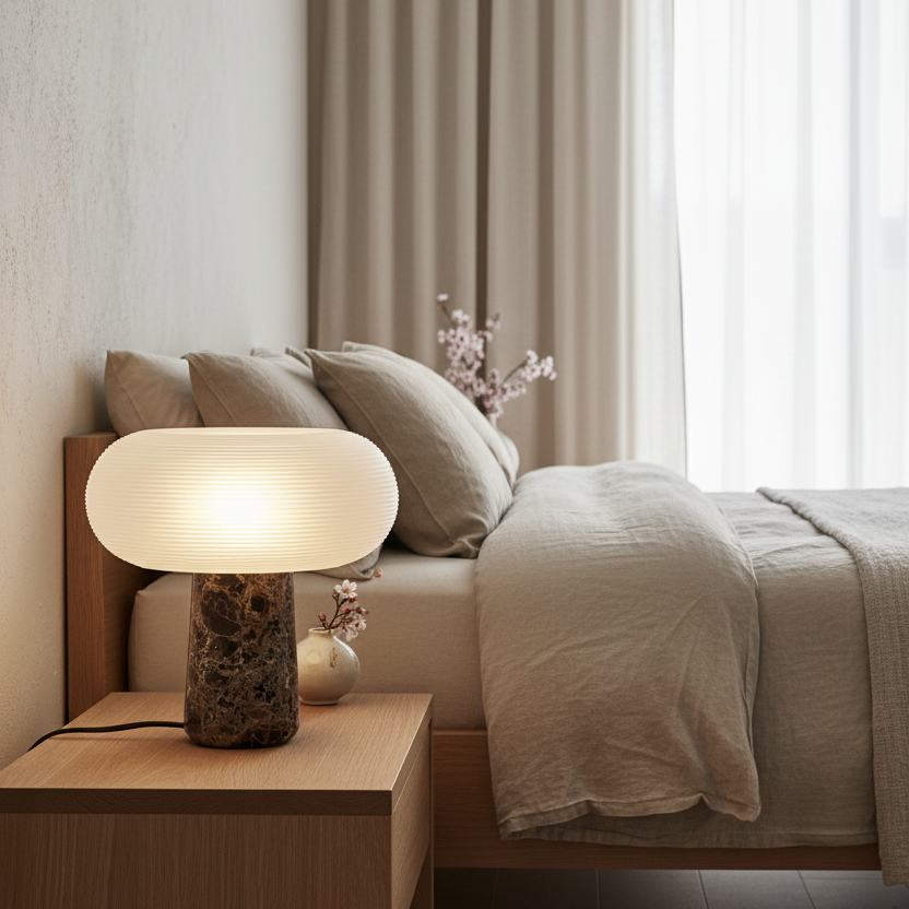 Modern brown marble bedside nightstand lamp with round white glass shade glowing in a serene neutral bedroom